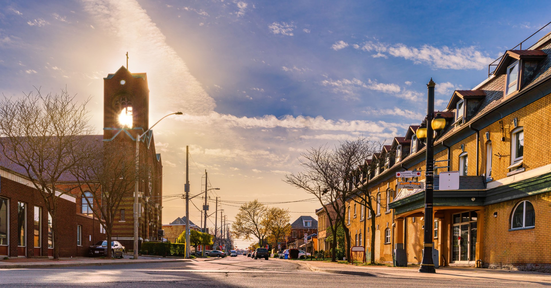 Hamilton, Ontario - James Street and Burlington Street with a Church at Sunset